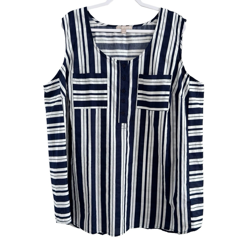 Woman Within Tunic Blouse Navy Blue White Stripe Cotton Sleeveless Women's 1X